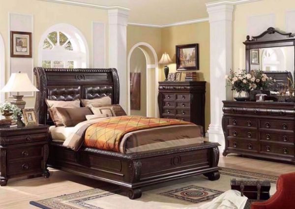 Rich Sable Brown Hillsboro Bedroom Set in a Room Setting. Includes Queen Bed, Dresser with Mirror and 1 Nightstand  | Home Furniture Plus Mattress