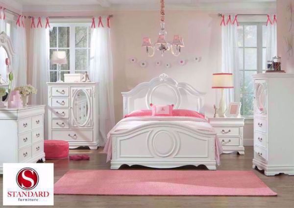 Bright White Jessica Bedroom Set in a Room Setting. Includes Twin Bed, Dresser with Mirror and 1 Nightstand | Home Furniture Plus Bedding