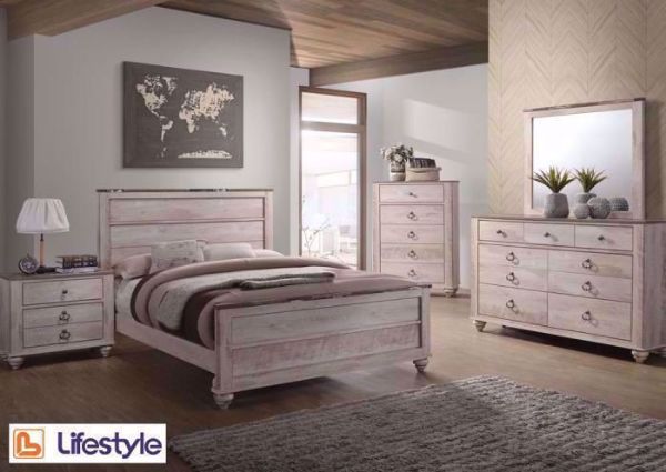 White Distressed Hanna Bedroom Set in a Room Setting. Includes Queen Bed, Dresser With Mirror and 1 Nightstand | Home Furniture Plus Bedding