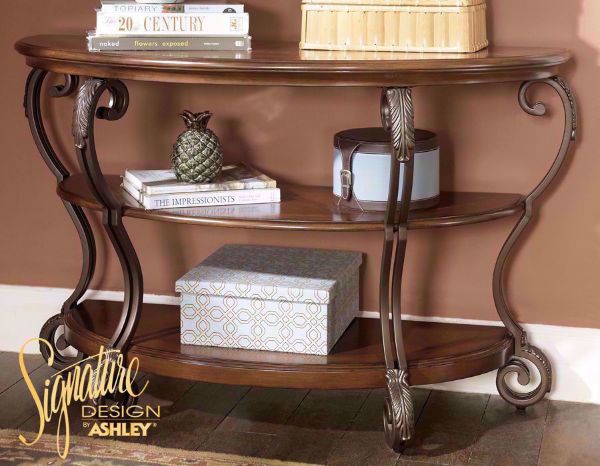 Side View of the Brown Nestor Sofa/Console Table in Room Setting by Ashley Furniture | Home Furniture Plus Bedding