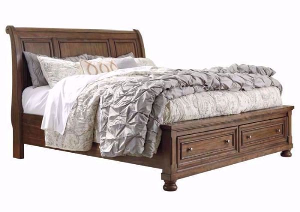 Tobacco Brown Flynnter Queen Size Storage Bed by Ashley Furniture at an Angle | Home Furniture Plus Bedding