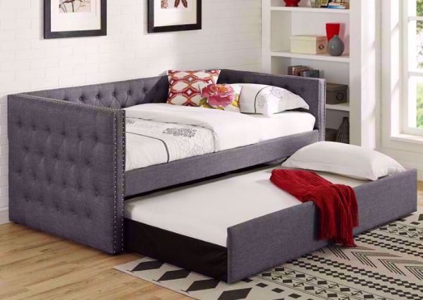Gray Linen Upholstered Trina Daybed with the Trundle Open in a Room Setting | Home Furniture Plus Mattress