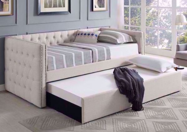 White Ivory Linen Upholstered Trina Daybed with the Trundle Open in a Room Setting | Home Furniture Plus Mattress