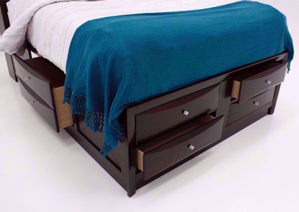Brown Emily King Storage Bed at an Angle Showing the Footboard and Side Rails Drawers Open | Home Furniture Plus Mattress