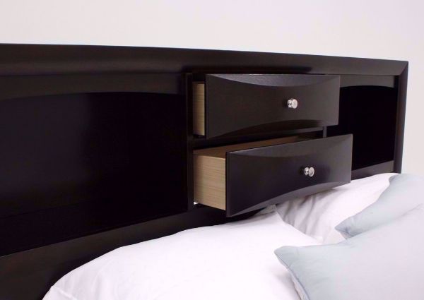 Brown Emily King Storage Bed at an Angle Showing the Headboard Shelves and Drawers Open | Home Furniture Plus Mattress