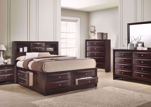 Dark Brown Cherry Emily Bedroom Set in a Room Setting. Includes Queen Bed, Dresser With Mirror and 1 Nightstand | Home Furniture Plus Mattress