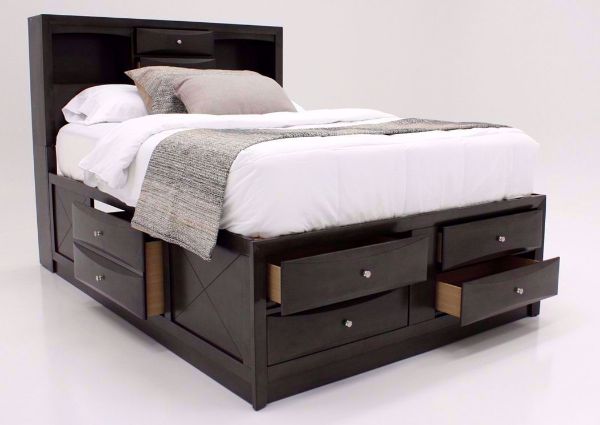 Dark Gray Emily Queen Storage Bed at an Angle Showing the Footboard and Side Rail Drawers Open | Home Furniture Plus Mattress