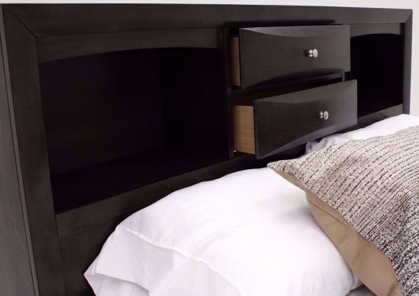 Dark Gray Emily Queen Bed Showing the Headboard  Shelves and the Drawers Open | Home Furniture Plus Mattress