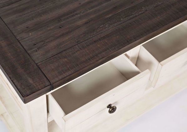 Overhead View of the Table Top Corner and Open Drawers on the Madison County Sofa Console  by Jofran | Home Furniture Plus Bedding