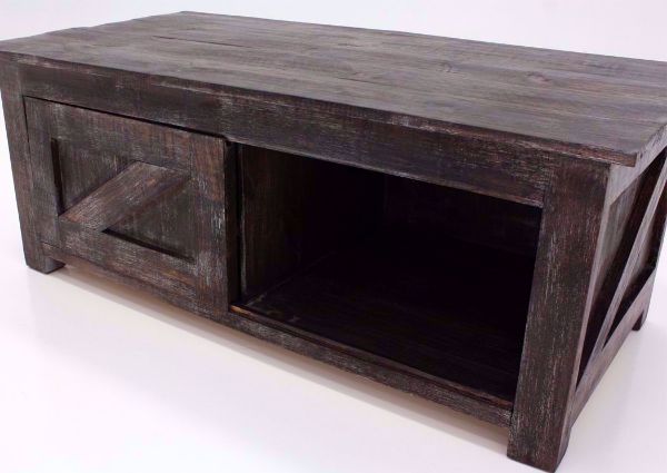 Rustic Brown Midland Coffee Table, Brown at an Angle with the Door to the Left | Home Furniture Plus Mattress