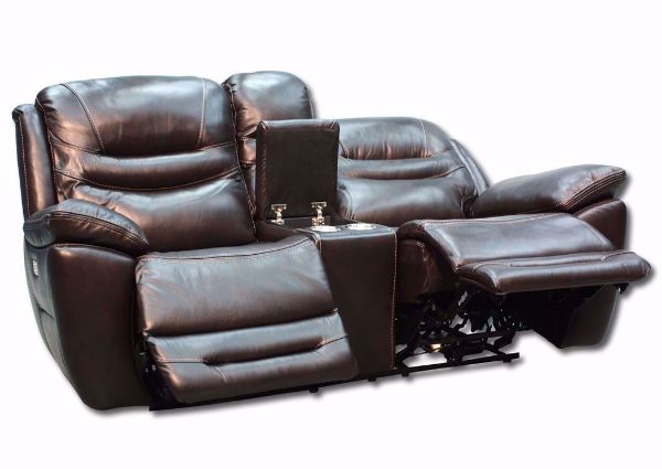 Slightly Angled View of the Dallas POWER Reclining Loveseat with Dark Brown  Leather Upholstery and Open Recliners | Home Furniture Plus Bedding