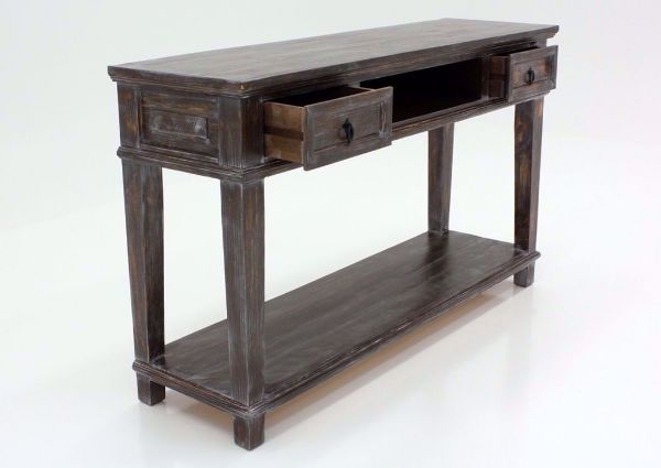 Rustic Dark Brown Europa Antique TV Stand at an Angle With the Drawers Open | Home Furniture Plus Mattress
