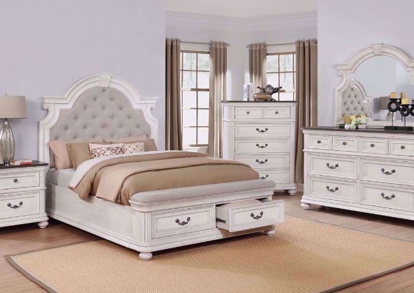Distressed Whitewash Keystone Bedroom Set in a Room Setting. Includes Queen Bed, Dresser With Mirror and 1 Nightstand | Home Furniture Plus Mattress