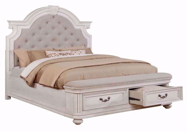 White Keystone King Bed With an Upholstered Headboard and Storage Footboard at an Angle | Home Furniture Plus Mattress