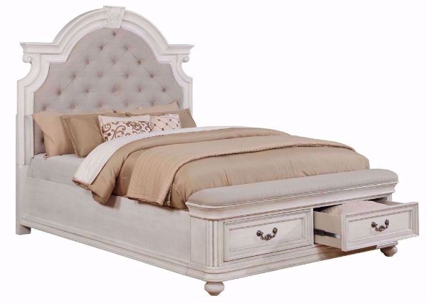 White Keystone Queen Bed With an Upholstered Headboard and Storage Footboard at an Angle | Home Furniture Plus Mattress