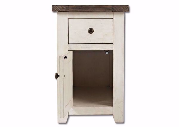 White Two-Tone Madison County Chairside End Table Facing Front With the Door Open | Home Furniture Plus Bedding
