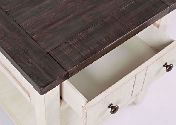 White Two-Tone Madison County End Table Showing the Wood Finish and Drawer Detail | Home Furniture Plus Bedding