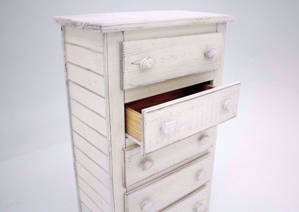 Distressed White Duncan Chest of Drawers at an Angle Showing a Drawer Open | Home Furniture Plus Mattress