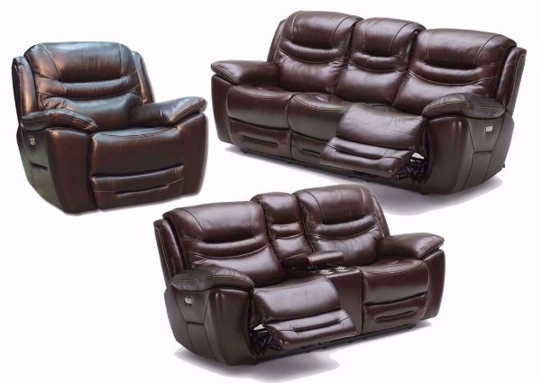 Dallas Power Activated Reclining Sofa Set by K-Motion with Brown Top Grain Leather Upholstery. Includes Reclining Sofa, Reclining Loveseat and Recliner | Home Furniture Plus Bedding