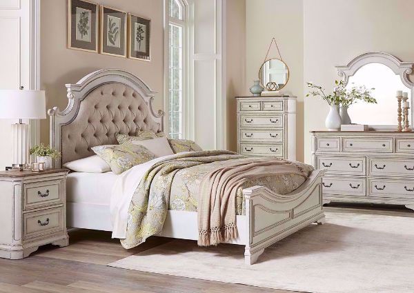 Distressed Antique White Stevenson Manor Bedroom Set in a Room Setting. Includes Queen Bed, Dresser and Mirror and 1 Nightstand | Home Furniture Plus Mattress