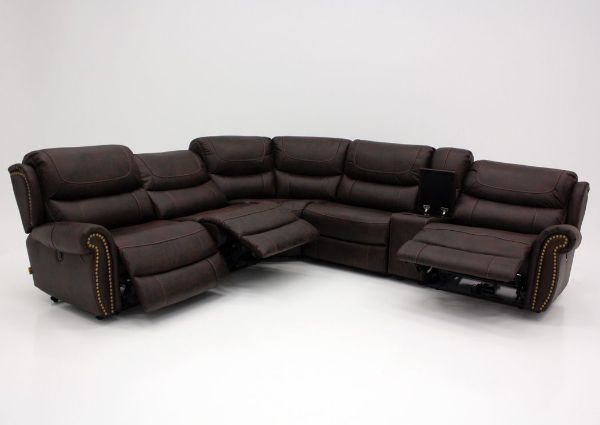 Front Facing Austin Power Reclining Sectional Sofa with Dark Brown Microfiber Upholstery with All 3 Recliners Slightly Open | Home Furniture + Mattress