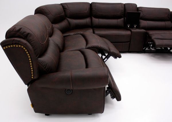 Side View of Left Facing Section of the Austin Power Reclining Sectional Sofa with Dark Brown Microfiber Upholstery with Left Side Recliners Slightly Open | Home Furniture + Mattress