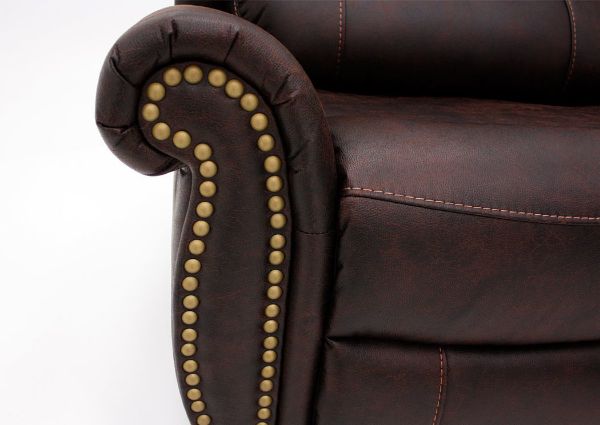 Close Up of Nailhead Accents on the Front Arm Bases of the Austin Power Reclining Sectional Sofa with Dark Brown Microfiber Upholstery | Home Furniture + Mattress