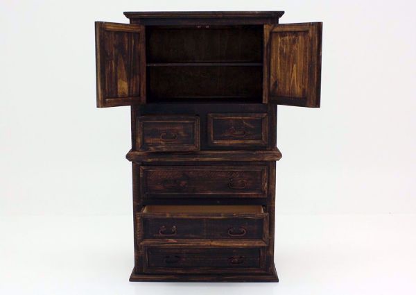 Dark Brown Amarillo Door Chest of Drawers Facing Front With the Cabinet Open | Home Furniture Plus Mattress