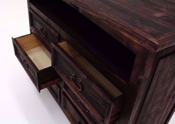 Rustic Dark Brown Amarillo TV Stand Showing Drawers Open | Home Furniture Plus Mattress