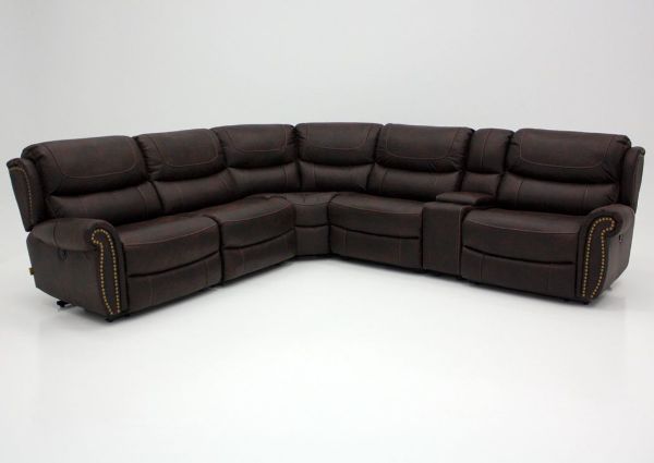 Front Facing Austin Power Reclining Sectional Sofa with Dark Brown Microfiber Upholstery | Home Furniture + Mattress