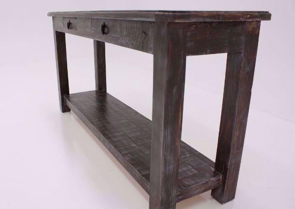Distressed Weatherwood Brown Cottage Sofa/Console Table at an Angle Showing the Lower Shelf | Home Furniture Plus Mattress