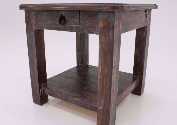 Distressed Weatherwood Brown Cottage End Table at an Angle Showing the Lower Shelf | Home Furniture Plus Mattress