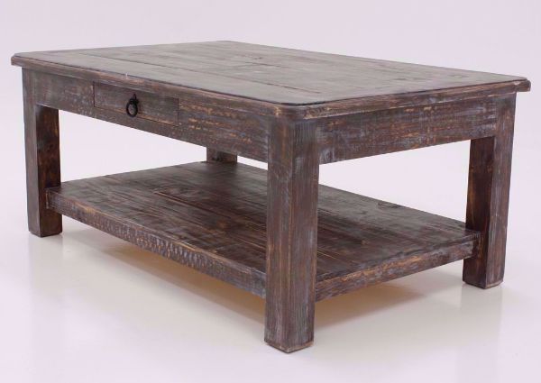 Distressed Weatherwood Brown Cottage Coffee Table at an Angle | Home Furniture Plus Mattress