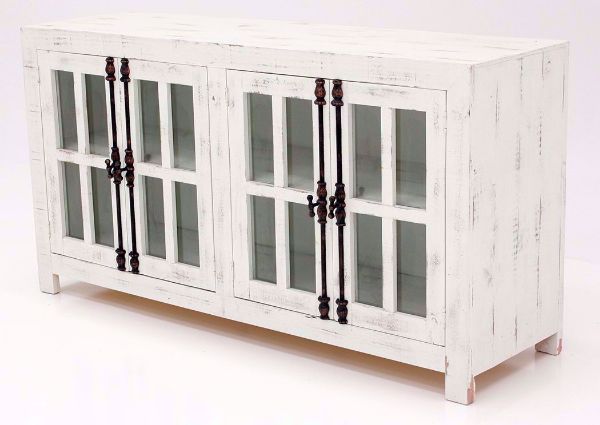 Distressed White Ecko 66 Inch Accent Cabinet at an Angle | Home Furniture Plus Mattress