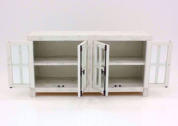 Distressed White Ecko 66 Inch Accent Cabinet Facing Front With the Doors Open  | Home Furniture Plus Mattress