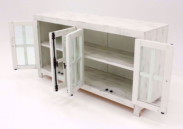 Distressed White Ecko 66 Inch Accent Cabinet at an Angle With the Doors Open  | Home Furniture Plus Mattress