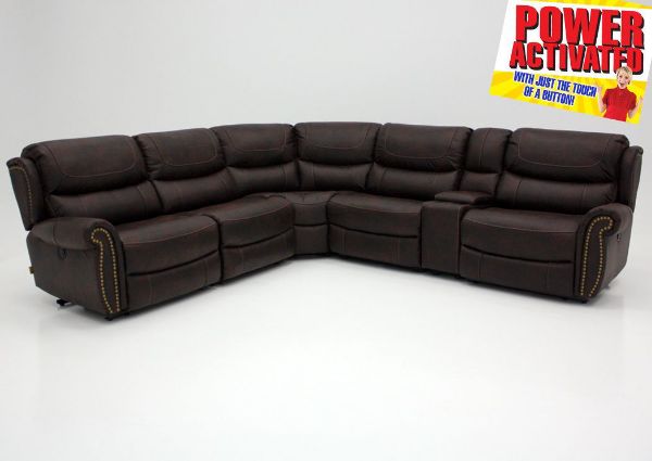 Austin Power Reclining Sectional Sofa with Dark Brown Microfiber Upholstery with Power Activated Logo | Home Furniture + Mattress