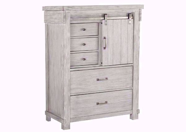 Rustic White Brashland Chest of Drawers by Ashley Furniture with Barn Door Enclosed Cabinet and 5 Drawers | Home Furniture Plus Bedding