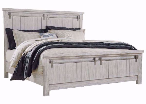Brashland King Size Bed by Ashley Furniture with Barn Door Design with a White Rub Finish | Home Furniture Plus Bedding