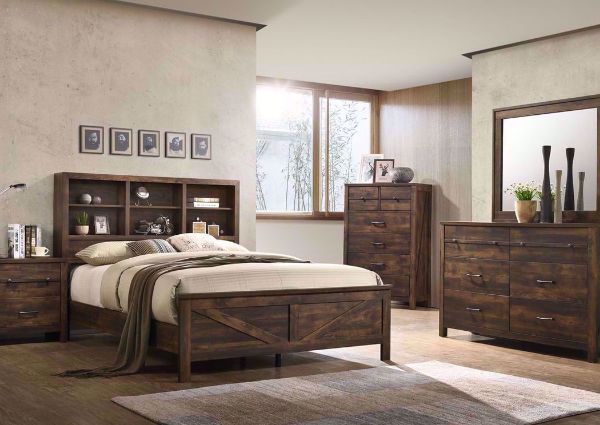 Rustic Dark Brown Cheyenne Bedroom Set in a Room Setting. Includes Queen Bed, Dresser With Mirror and 1 Nightstand | Home Furniture Plus Bedding