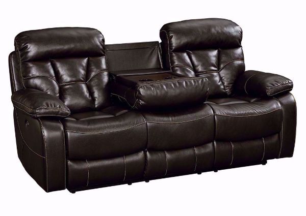 Java Brown Peoria Reclining Sofa at an Angle with the Hidden Table Down | Home Furniture Plus Mattress