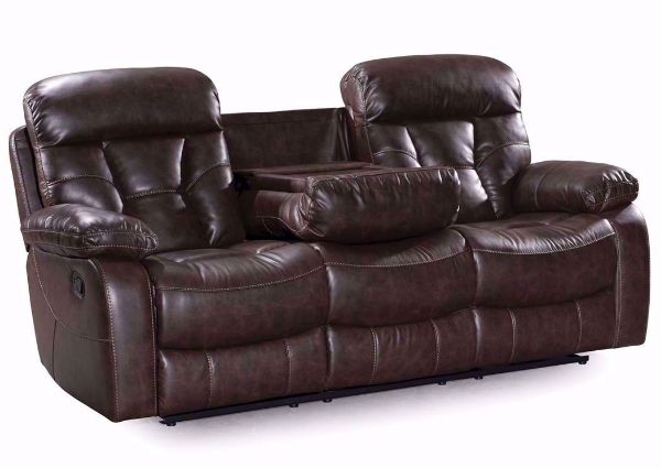 Toffee Brown Peoria Reclining Sofa at an Angle with the Hidden Table Down | Home Furniture Plus Mattress