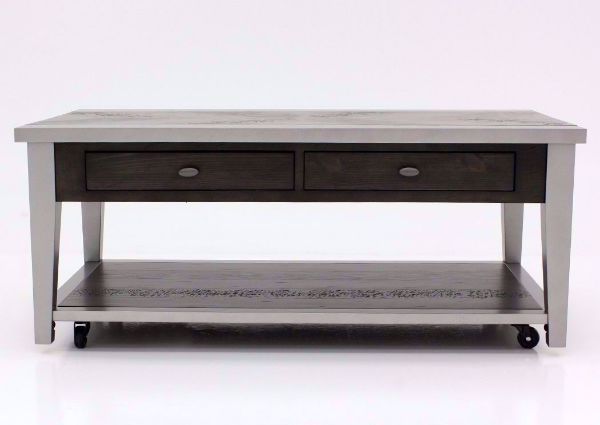 Industrial Styled Branbury Coffee Table by Ashley Furniture with Gray Finish, 2 Drawers and Open Shelf | Home Furniture Plus Bedding
