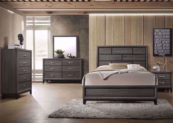 Distressed Gray Ackerson Bedroom Set in a Room View. Includes Queen Bed, Dresser With Mirror and 1 Nightstand | Home Furniture Plus Mattress