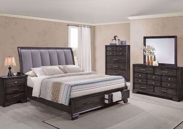 Dark Brown Jaymes Bedroom Set in a Room Setting. Includes Queen Bed, Dresser With Mirror and 1 Nightstand | Home Furniture Plus Bedding