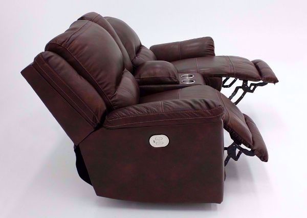 Side View of the Open Dual Recliners on the Catanzaro Leather Power Activated Reclining Loveseat by Ashley Furniture | Home Furniture + Mattress