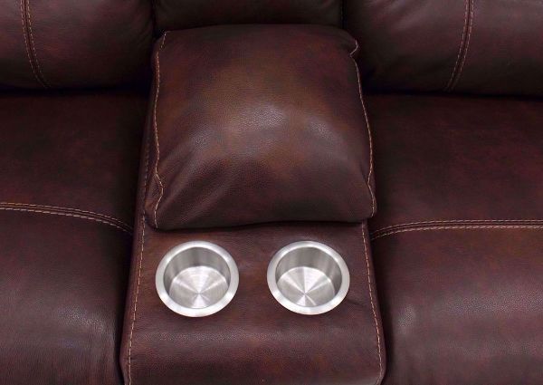 Close Up of Cup Holders on the Catanzaro Power Activated Reclining Loveseat by Ashley Furniture | Home Furniture + Mattress