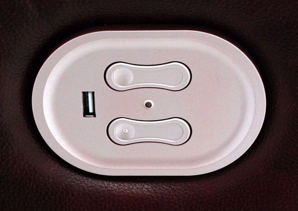 Close Up of Power Activation Buttons and USB Charging Port on the Dark Brown Leather Catanzaro Recliner by Ashley Furniture | Home Furniture Plus Bedding