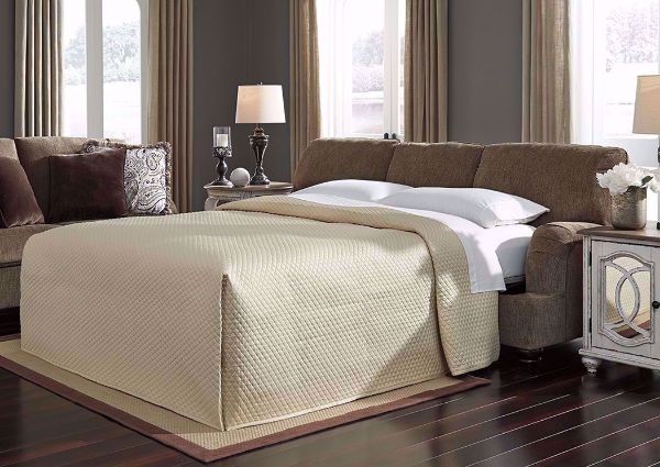 Room View with Open Bed on Braemer Sleeper Sofa by Ashley Furniture With Measurement Details | Home Furniture + Mattress