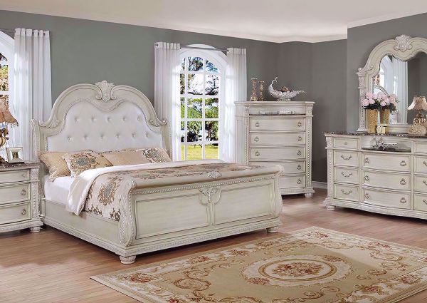 Antique White Stanley Bedroom Set in a Room Setting. Includes Queen Bed, Dresser With Mirror and 1 Nightstand | Home Furniture Plus Mattress